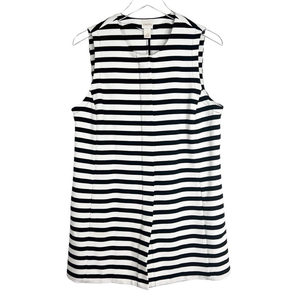 CHICO'S Black and White Stripe Sleeveless Full Zip Long Vest with pockets Size 1